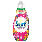 Surf Tropical Lily Liquid Detergent, 648ml, provides 24 washes with a floral design. Made with recycled plastic and natural essential oils, it offers a long-lasting tropical scent while tackling tough stains.